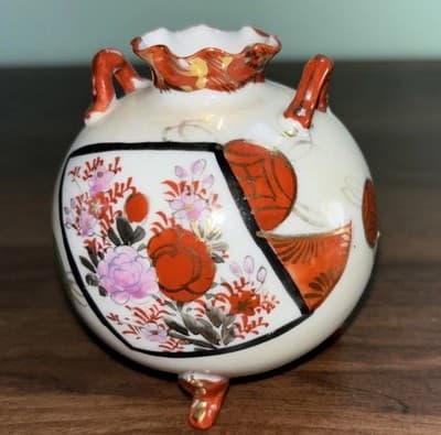 KUTANI Round Footed Vase Japanese Geisha Ruffled Lip Pink Orange Floral Handles - Thumbnail 8