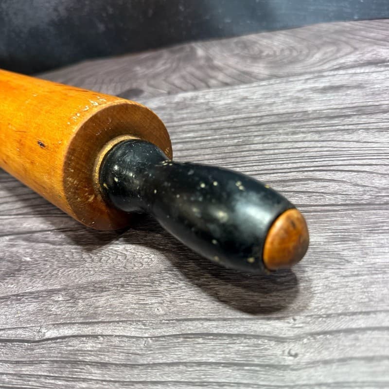 Vintage Hand-Turned Wood Rolling Pin with Black Painted Handles 19” - Thumbnail 5