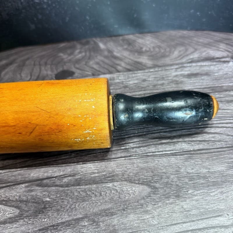 Vintage Hand-Turned Wood Rolling Pin with Black Painted Handles 19” - Thumbnail 7