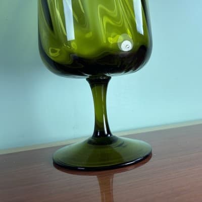 Vintage Empoli Italian Art Glass Stem Vase Olive Green 8.5” H Optic Swirl Tall - Thumbnail 6