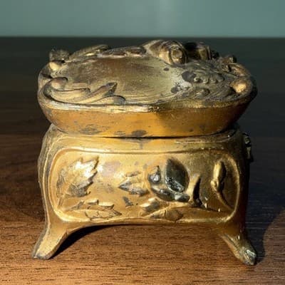 Art Nouveau Small 2.25” Casket Jewelry Ring Box Antique Flowers Gold