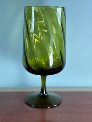 Vintage Empoli Italian Art Glass Stem Vase Olive Green 8.5” H Optic Swirl Tall - Thumbnail 3