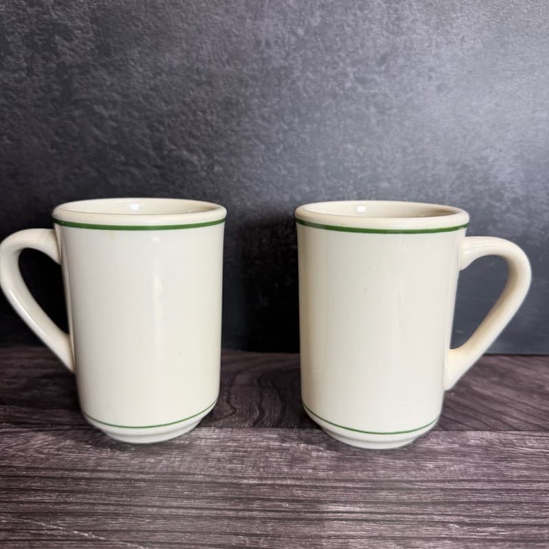 Vintage Buffalo China Restaurant Ware Green Striped Diner Mugs Set of 2