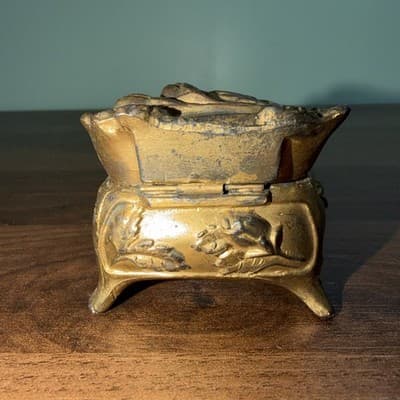 Art Nouveau Small 2.25” Casket Jewelry Ring Box Antique Flowers Gold - Thumbnail 7