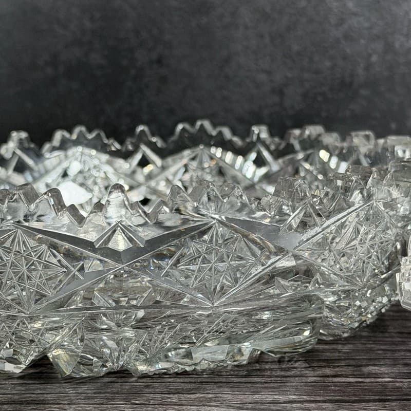 Set of 2 Antique American Brilliant Period Cut Glass Bowls Hobstar and Fan Sawto - Thumbnail 7