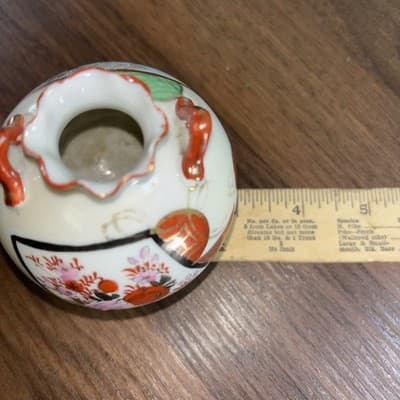 KUTANI Round Footed Vase Japanese Geisha Ruffled Lip Pink Orange Floral Handles - Thumbnail 11