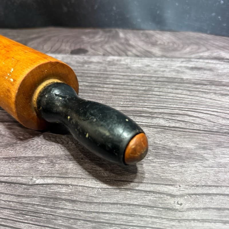 Vintage Hand-Turned Wood Rolling Pin with Black Painted Handles 19” - Thumbnail 8
