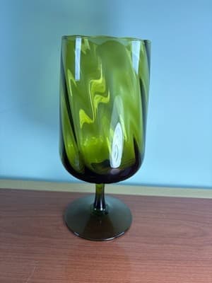 Vintage Empoli Italian Art Glass Stem Vase Olive Green 8.5” H Optic Swirl Tall - Thumbnail 4