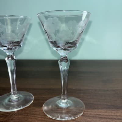 Vintage Corsage Etched Crystal Cordial Stemmed 5.75” Cocktail Glasses Set of 2 - Thumbnail 6