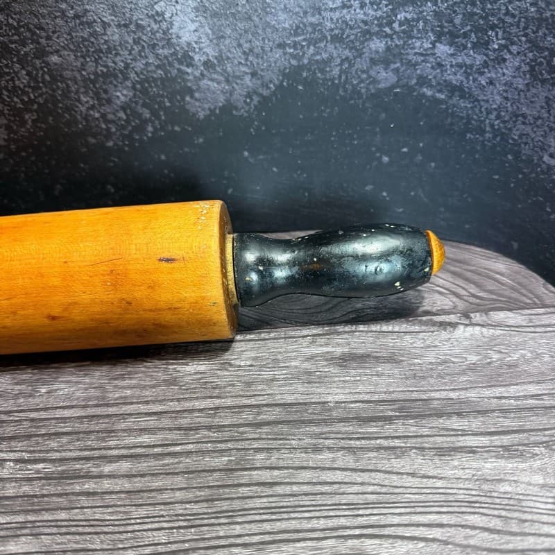 Vintage Hand-Turned Wood Rolling Pin with Black Painted Handles 19” - Thumbnail 2
