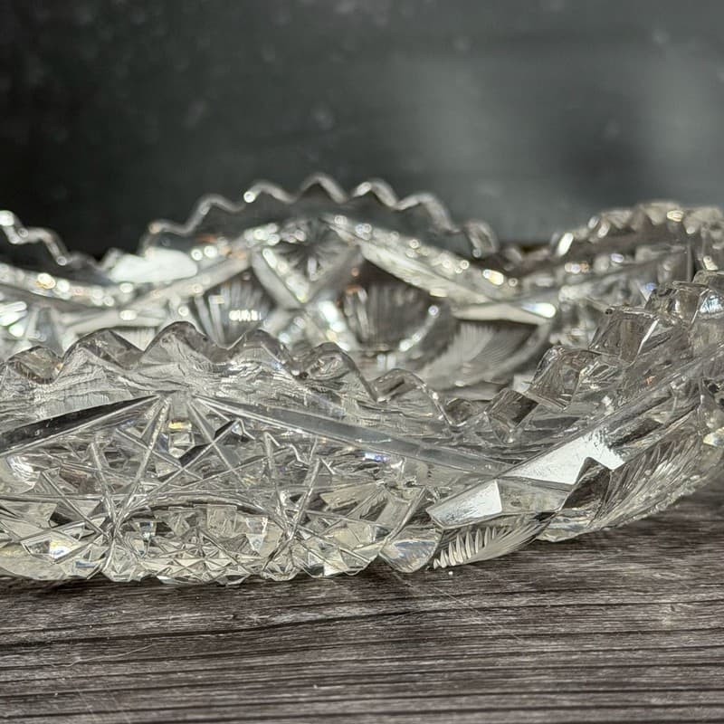 Set of 2 Antique American Brilliant Period Cut Glass Bowls Hobstar and Fan Sawto - Thumbnail 6