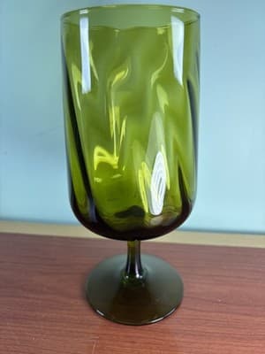 Vintage Empoli Italian Art Glass Stem Vase Olive Green 8.5” H Optic Swirl Tall - Thumbnail 8