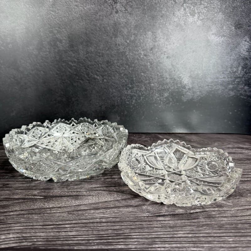 Set of 2 Antique American Brilliant Period Cut Glass Bowls Hobstar and Fan Sawto