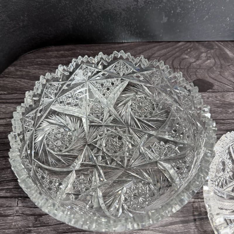 Set of 2 Antique American Brilliant Period Cut Glass Bowls Hobstar and Fan Sawto - Thumbnail 3