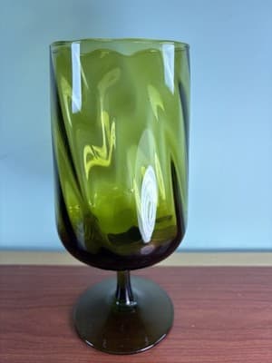 Vintage Empoli Italian Art Glass Stem Vase Olive Green 8.5” H Optic Swirl Tall - Thumbnail 7