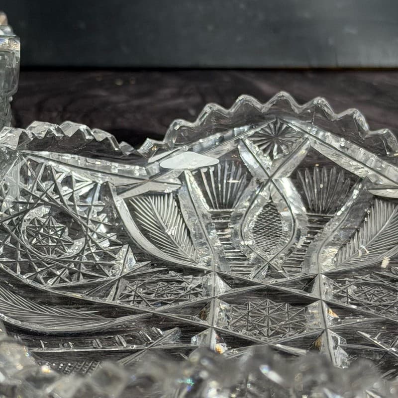 Set of 2 Antique American Brilliant Period Cut Glass Bowls Hobstar and Fan Sawto - Thumbnail 5