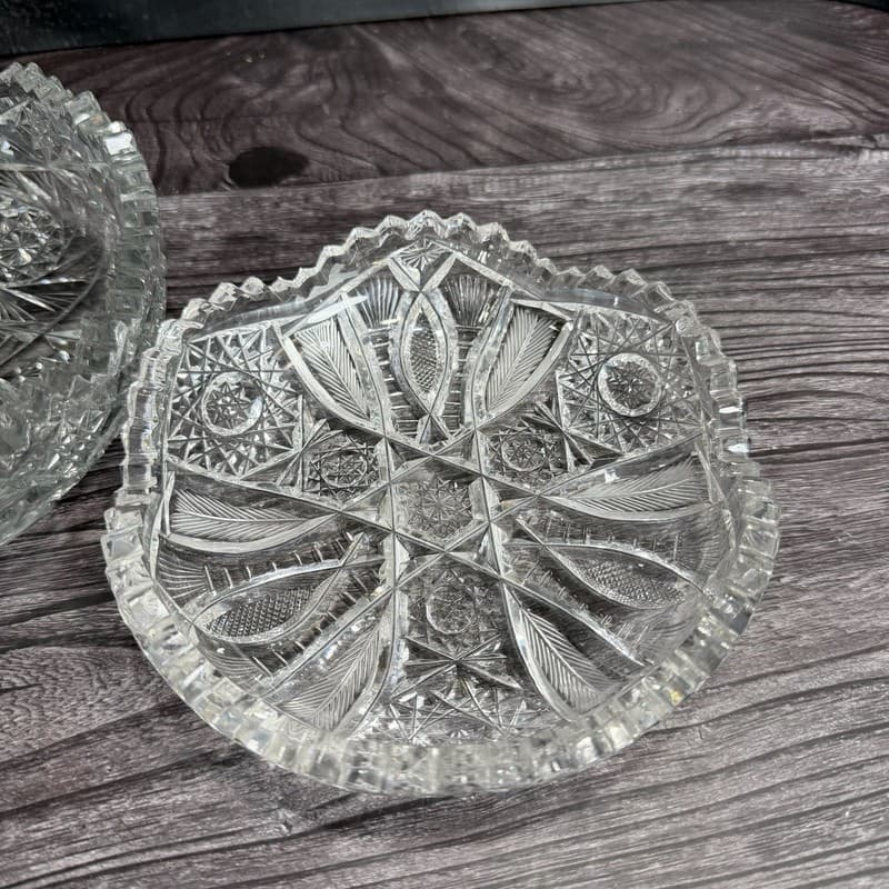 Set of 2 Antique American Brilliant Period Cut Glass Bowls Hobstar and Fan Sawto - Thumbnail 4