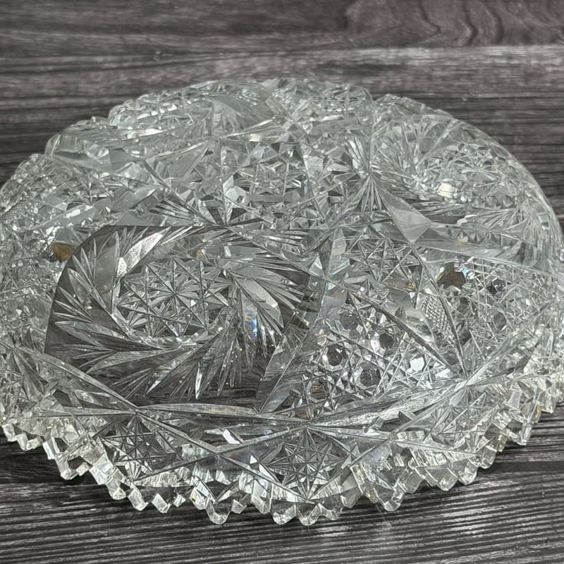 Set of 2 Antique American Brilliant Period Cut Glass Bowls Hobstar and Fan Sawto - Thumbnail 13