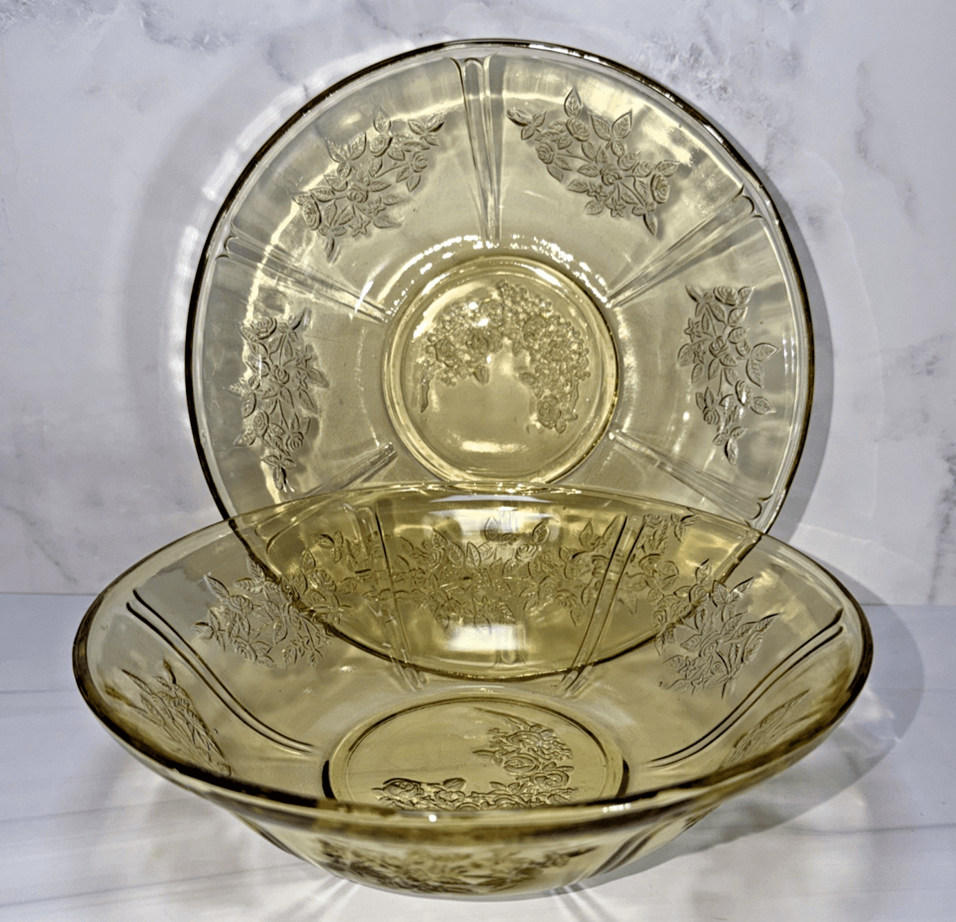 DEPRESSION GLASS FEDERAL Yellow/Amber Sharon Cabbage Rose Severing Bowl Set Of 2