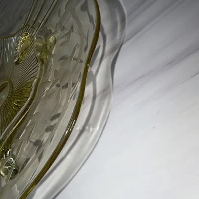 Vintage 3 Footed Etched Lancaster Yellow Depression Glass Shallow Bowl 10” In - Thumbnail 6