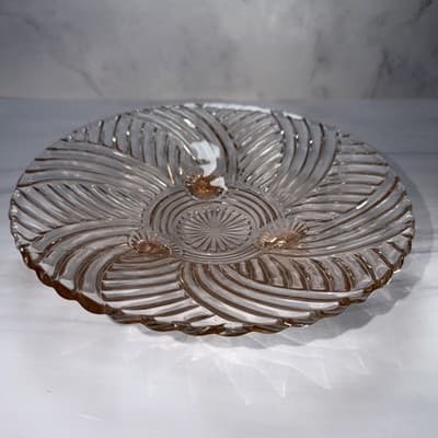 Anchor Hocking Prismatic Pink Glass Swirled Ridges: 3 Toed Footed Bowl 9 3/4"