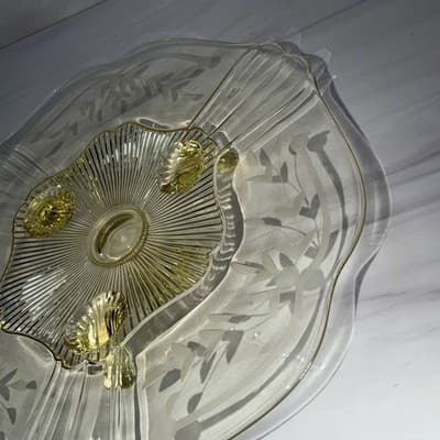 Vintage 3 Footed Etched Lancaster Yellow Depression Glass Shallow Bowl 10” In