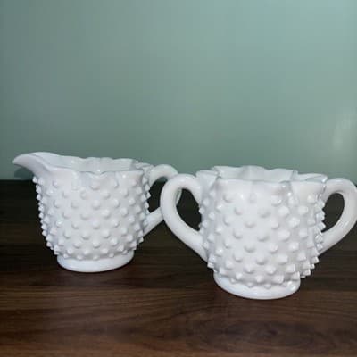 Fenton Hobnail Milk Glass Crimped Star Shape Creamer & Sugar Bowl Mid Century