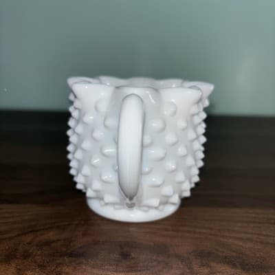 Fenton Hobnail Milk Glass Crimped Star Shape Creamer & Sugar Bowl Mid Century - Thumbnail 5
