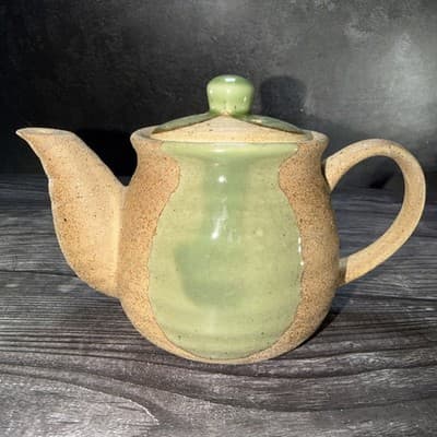 Vintage Pottery Tea Pot W/Lid Stoneware Brown Texture Green Glaze Rustic Style - Thumbnail 5