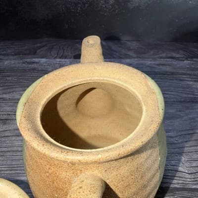 Vintage Pottery Tea Pot W/Lid Stoneware Brown Texture Green Glaze Rustic Style - Thumbnail 9