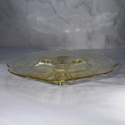 Vintage 3 Footed Etched Lancaster Yellow Depression Glass Shallow Bowl 10” In - Thumbnail 2