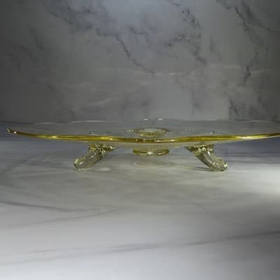 Vintage 3 Footed Etched Lancaster Yellow Depression Glass Shallow Bowl 10” In - Thumbnail 8
