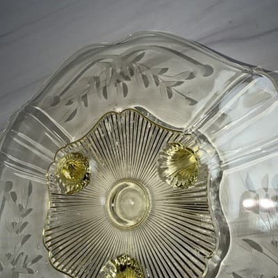 Vintage 3 Footed Etched Lancaster Yellow Depression Glass Shallow Bowl 10” In - Thumbnail 5