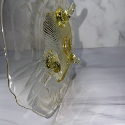 Vintage 3 Footed Etched Lancaster Yellow Depression Glass Shallow Bowl 10” In - Thumbnail 7