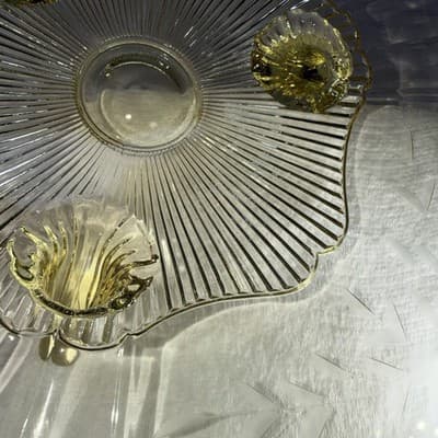 Vintage 3 Footed Etched Lancaster Yellow Depression Glass Shallow Bowl 10” In - Thumbnail 14