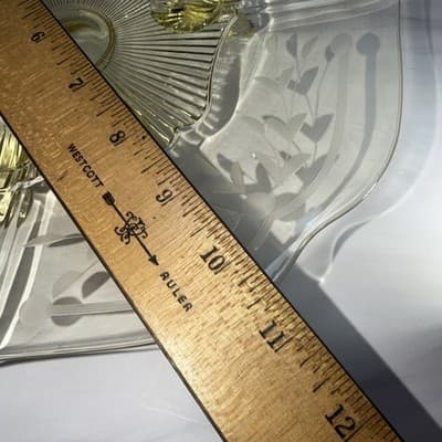 Vintage 3 Footed Etched Lancaster Yellow Depression Glass Shallow Bowl 10” In - Thumbnail 12
