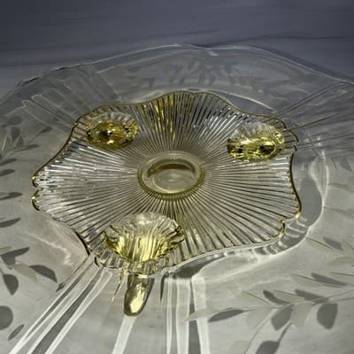 Vintage 3 Footed Etched Lancaster Yellow Depression Glass Shallow Bowl 10” In - Thumbnail 11