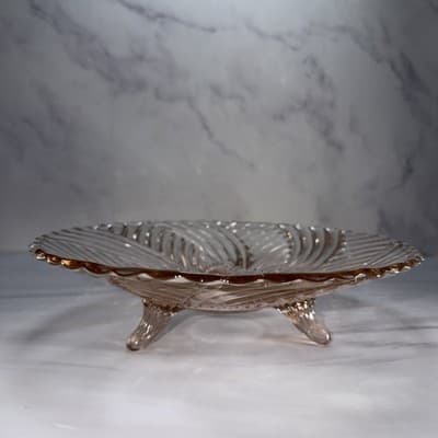 Anchor Hocking Prismatic Pink Glass Swirled Ridges: 3 Toed Footed Bowl 9 3/4" - Thumbnail 2