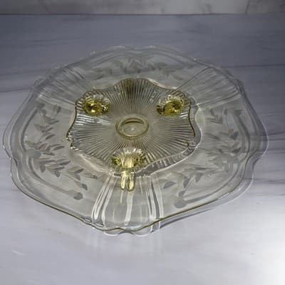Vintage 3 Footed Etched Lancaster Yellow Depression Glass Shallow Bowl 10” In - Thumbnail 3