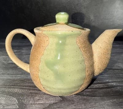 Vintage Pottery Tea Pot W/Lid Stoneware Brown Texture Green Glaze Rustic Style