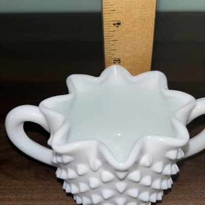 Fenton Hobnail Milk Glass Crimped Star Shape Creamer & Sugar Bowl Mid Century - Thumbnail 16