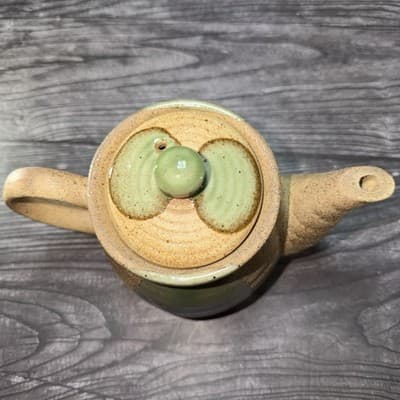Vintage Pottery Tea Pot W/Lid Stoneware Brown Texture Green Glaze Rustic Style - Thumbnail 2