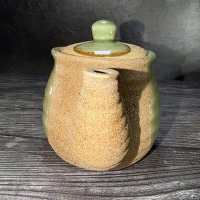 Vintage Pottery Tea Pot W/Lid Stoneware Brown Texture Green Glaze Rustic Style - Thumbnail 3