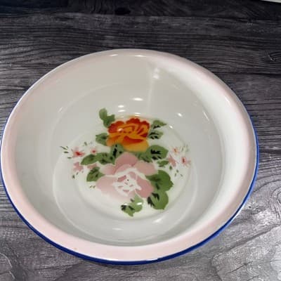 Vintage Butterfly Brand Enamelware Rinse Bowl Floral Designs Blue Pink Orange