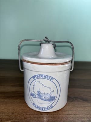 Vintage Wisconsin Homestead Stoneware Dairy Cheese Crock Jar Wire Bail Lid Seals