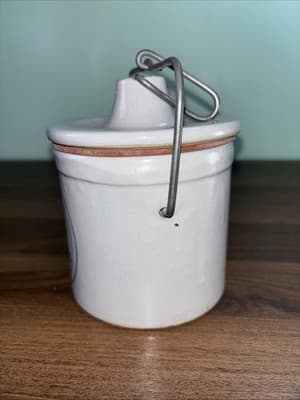 Vintage Wisconsin Homestead Stoneware Dairy Cheese Crock Jar Wire Bail Lid Seals - Thumbnail 3