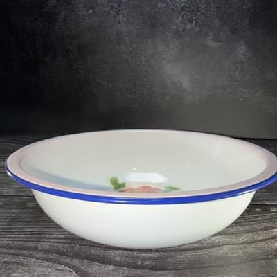 Vintage Butterfly Brand Enamelware Rinse Bowl Floral Designs Blue Pink Orange - Thumbnail 3