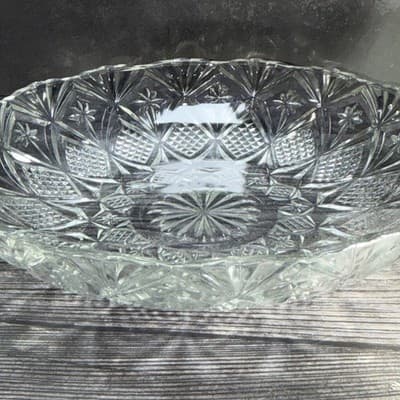 Clear Glass Serving Bowl Diamond Point Fans & Stars 12” Sawtooth Edge - Thumbnail 9