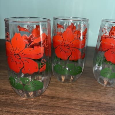 Set Of 4 Vintage Anchor Hocking Red Hibiscus Drinking Glasses Hawaiian Tropical - Thumbnail 3