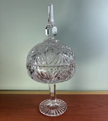 Vintage Tall Cut Crystal Pedestal Covered Candy Dish American Brilliant - Thumbnail 2